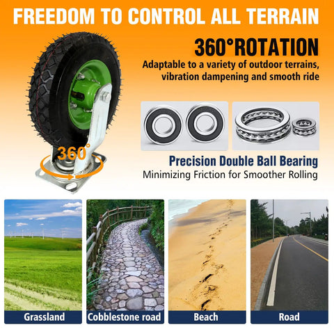 8 Inch Pneumatic Caster Wheels Set Of Four Heavy Duty Air Tire Rubber Casters With Two Fixed And Two Swivel Rollers For Hand Trucks Lawn Wagons showing 360° rotation and precision double ball bearings.