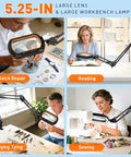 12X Square Magnifying Glass With Light And Clamp Handy Hands Free Stand showing uses for watch repair, reading, and sewing
