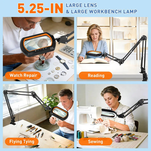12X Square Magnifying Glass With Light And Clamp Handy Hands Free Stand showing uses for watch repair, reading, and sewing