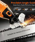 Badass 180W Cordless Chainsaw Sharpener Kit Gnarly Multi Purpose Rotary Tool with precision angle guide and sparks.