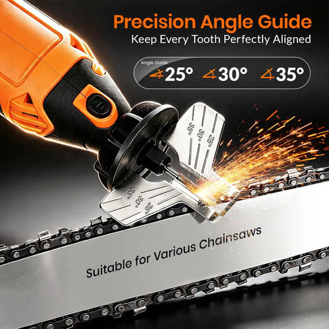 Badass 180W Cordless Chainsaw Sharpener Kit Gnarly Multi Purpose Rotary Tool with precision angle guide and sparks.