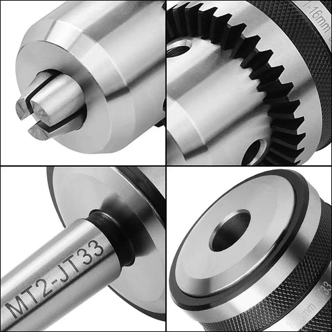 Pro Grade MT2 Drill Chuck 1/32 to 5/8 Inch for Lathe and Drill Press, close-ups of the chuck key, steel shank, and gear teeth.