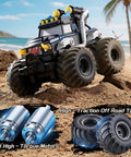 3 In 1 Amphibious RC Car Boat Water Gun With 2 4GHz Control shown on sandy terrain with large tires and dual high-torque motors displayed