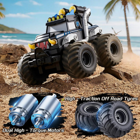 3 In 1 Amphibious RC Car Boat Water Gun With 2 4GHz Control shown on sandy terrain with large tires and dual high-torque motors displayed