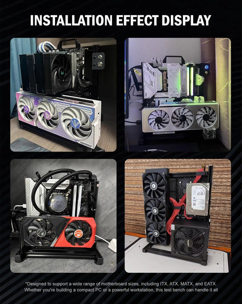 Open Air PC Test Bench Frame For ITX ATX MATX EATX Rigs, Universal DIY Motherboard Chassis Mount, Water Cooling Ready Open Frame Case Bracket And Rack For Custom PC Builds, showing various installation setups and cooling options.