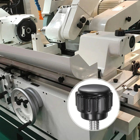 12 Pack Premium Knurled Thumb Screws M4 By 12 Millimeter Stainless Steel Bolts close-up on machine, showing black knob for adjustments.