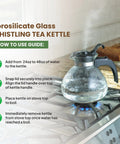 Stove Top Borosilicate Glass Whistling Tea Kettle 12 Cup 48oz BPA Free German Made See Through Boil For Gas Electric And Glass Ranges Durable Kitchen Kettle For Fast Flavorful Tea on a gas stove.