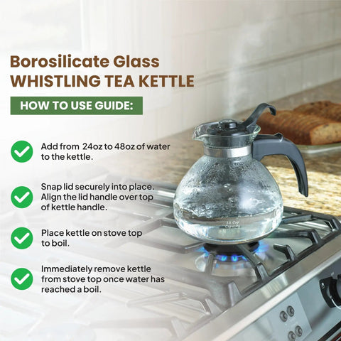 Stove Top Borosilicate Glass Whistling Tea Kettle 12 Cup 48oz BPA Free German Made See Through Boil For Gas Electric And Glass Ranges Durable Kitchen Kettle For Fast Flavorful Tea on a gas stove.