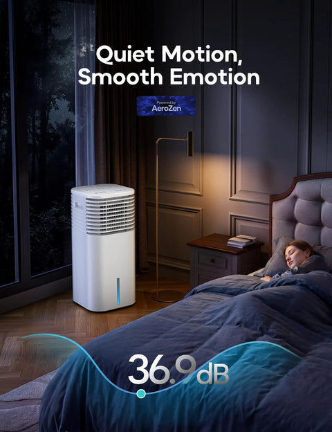 No Window Portable Evaporative Air Cooler With Remote Control 3 Speed Settings 4 Modes 7 Hour Timer Ice Packs Bladeless Quiet Design White Bedroom Cooling Alternative in a dimly lit bedroom next to sleeping person.
