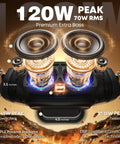 Exploded view of a Monster Bass 120W Outdoor Bluetooth Speaker Boombox showing dual 45W subwoofers and twin 15W tweeters.