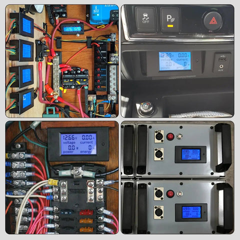 Collage of Portable Digital Multimeter For DC 8 To 100V And 20A Power And Energy Meter with LCD display in various setups