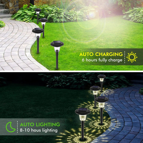Day and night view of 8 Pack Glass Solar Outdoor Lights With 1000mAh Solar Panel Warm White Color Changing Modes For Pathways And Walkways