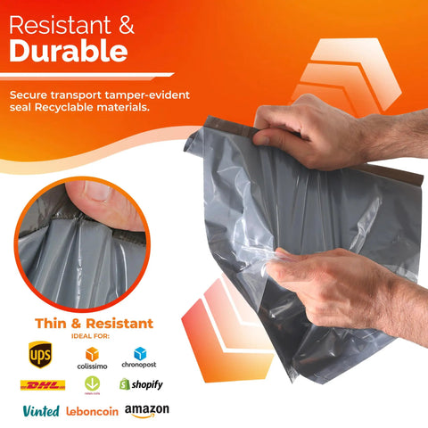 Hands handling gray matte 30 Pack Self Seal Poly Mailers For Shipping Clothing, Opaque And Tear Resistant, Water Resistant Mail Bags