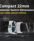 Rotary Switch With 2-Position Maintained Selector No NC Latching, 22mm Panel Mount, 220VAC 10A, dimensions labeled for easy installation
