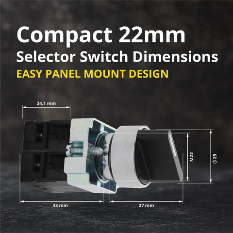 Rotary Switch With 2-Position Maintained Selector No NC Latching, 22mm Panel Mount, 220VAC 10A, dimensions labeled for easy installation