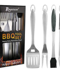 Romanticist 4pc heavy-duty stainless steel BBQ tool set; spatula, fork, tongs, brush