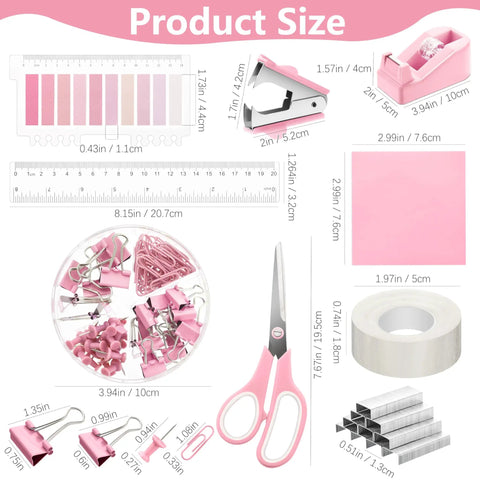 Must Have 11 Pcs Pink Office Supplies Set With Desk Organizer, Pencil Holder, Stapler, Tape Dispenser, Ruler, Clips, Scissors, Push Pins
