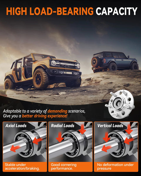 High load-bearing capacity of rear wheel bearing hub assembly 512437 OEM grade for Kia and Hyundai with 5 lug and ABS, off-road scene.