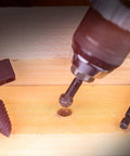 NordWolf 10-piece rotary burr set, in-use with drill on wood, 1/4-inch hex shank