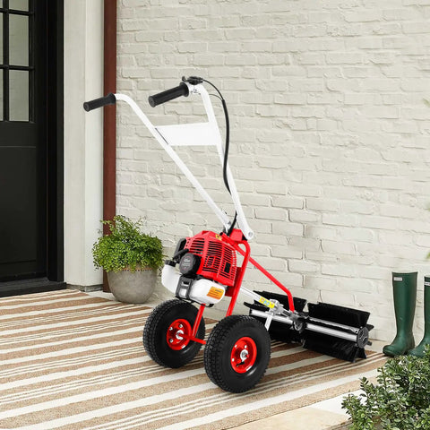 43cc Gas Walk Behind Push Sweeper For Outdoor Debris Cleanup. Features Wide 23 Inch Sweeping Path And Rolling Brush Brooms To Quickly Clear Leaves Grass Litter From Driveways Patios And Large Yards With Reliable Two Stroke Engine Power