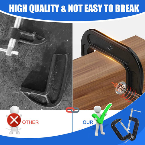 Comparison of broken clamp and Eight Piece 4 Inch Heavy Duty C Clamps Set With Cast Iron Frame And Sliding T Handle 1125 Lb Clamp Force