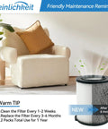 VF4000 Compatible Vacuum Replacement Filter next to a beige sofa and plants, emphasizing maintenance tips.