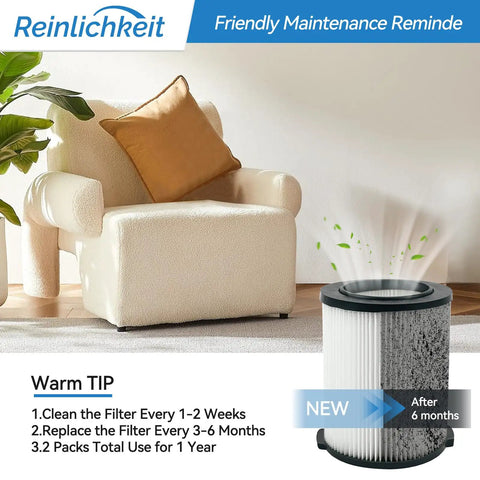 VF4000 Compatible Vacuum Replacement Filter next to a beige sofa and plants, emphasizing maintenance tips.