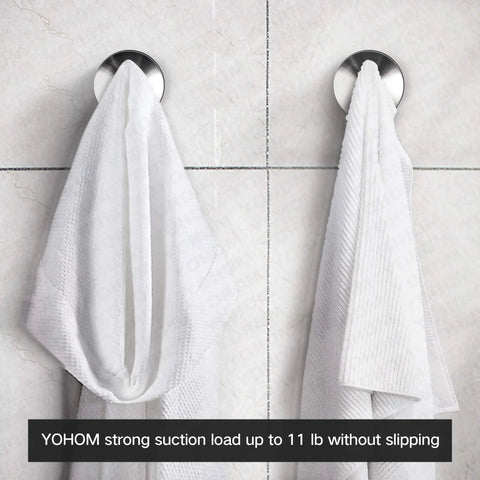 Stainless Steel Vacuum Suction Cup Shower Hooks Set For Bathroom holding towels on tiled wall, brushed finish, no drill