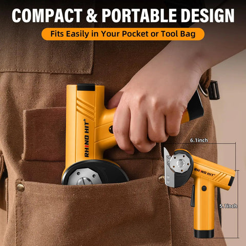 Get The Rhino Hit Cordless Electric Scissors Up A Gear With 4 Speed Settings Up To 320 Rpm For Fast, Smooth Cuts Through Cardboard And Packaging Materials This Yellow Rotary Cutter Is A Total Beast For Any Pro Or Diy Enthusiast Looking For Power And, shown in a pocket for portability.