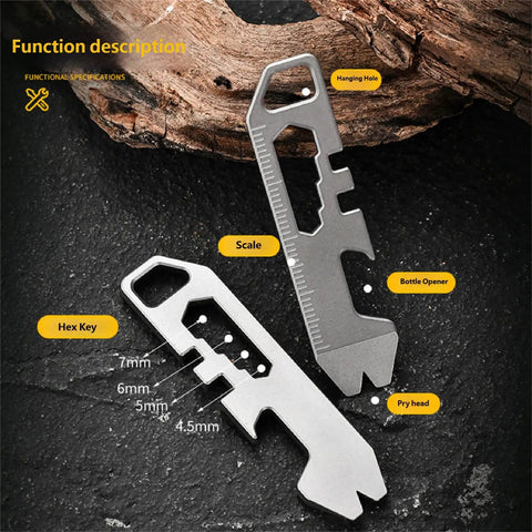 Ultra Lightweight Metal Alloy Multitool With Wrenches And Bottle Opener For Camping And Hiking Adventures, with scale and pry head details.