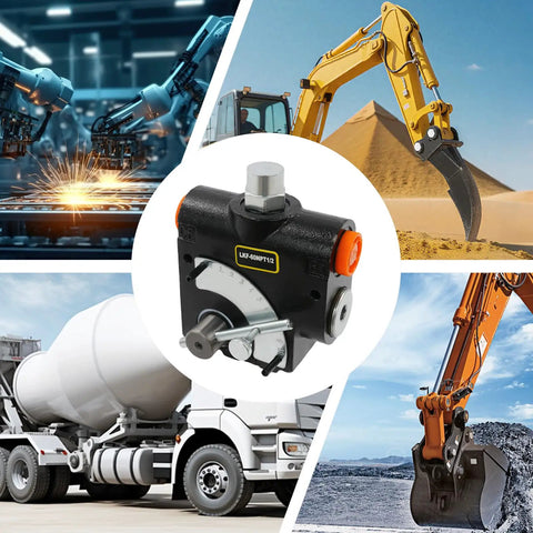 Flow Control Valve Half Inch NPT Port Adjustable Directional Hydraulic Valve 3000 PSI Relief Max 15.85 GPM For Small Tractors And Log Splitters Built Tough From Vermicular Graphite Cast Iron with images of machinery and construction equipment