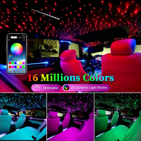Car interior with Lit Car Starlight Headliner Kit With 16W RGBW Light Engine, showcasing twinkle and meteor effects.