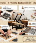 Printing Linocut Hand Lever Press Kit With Rollers And Felt Pads For Lino Cuts And Woodblock Printing showing four printing techniques