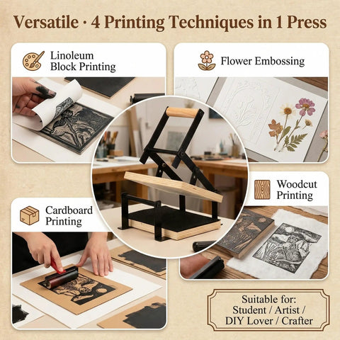Printing Linocut Hand Lever Press Kit With Rollers And Felt Pads For Lino Cuts And Woodblock Printing showing four printing techniques