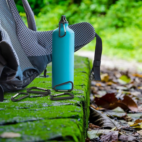 Blue water bottle attached with 2 Point 28 Inch Small Aluminum Carabiner Clips, backpack, and keychain clips on mossy stone.
