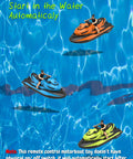 Three 2.4GHz RC motorboats in blue water, highlighting High Speed Dual Motor RC Motorboat With 2.4 GHz Remote, Green variant visible.
