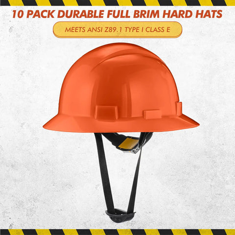 10 Pack Full Brim Hard Hats Orange Construction Helmet HDPE Safety Gear With 6 Point Adjustable Ratchet Suspension For Men And Women
