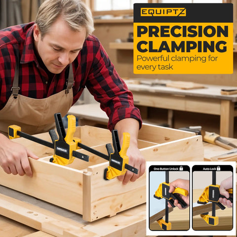 Man using 12 Inch Quick Grip Bar Clamps Set, 2 Pack for woodworking, demonstrating one hand trigger release.