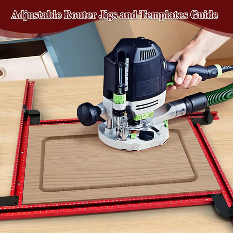 Top Shelf Adjustable Router Jig And Juice Groove Template For Sweet Custom Cabinet Projects in use, featuring a router on a wooden board.