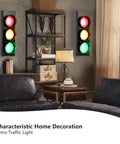 Traffic Light Wall Lamp With Remote Control decor in living room, retro LED stop light decor, dual lamps on wall.