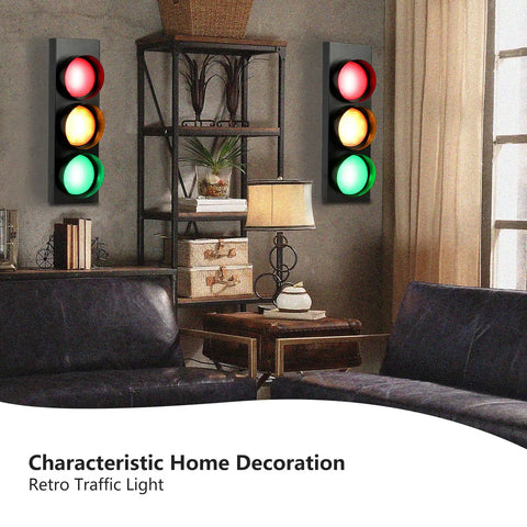 Traffic Light Wall Lamp With Remote Control decor in living room, retro LED stop light decor, dual lamps on wall.