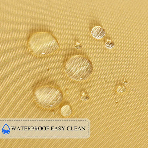 Close-up of waterproof material showing droplets on Yellow 60 Inch Round Outdoor And Indoor Tablecloth With Umbrella Hole And Zipper Wrinkle Free Washable Waterproof Round Table Cover For Spring Summer Patio Picnics BBQs Parties.
