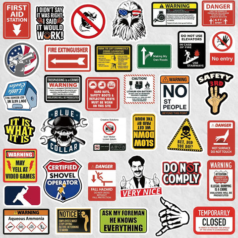160 Pcs Funny Blue Collar Hard Hat Stickers For Adults Men Waterproof Vinyl Set For Welding Electrician Mechanic Construction Tool Box Helmet Water Bottle Decor displayed in a colorful assortment of humorous labels and warnings.