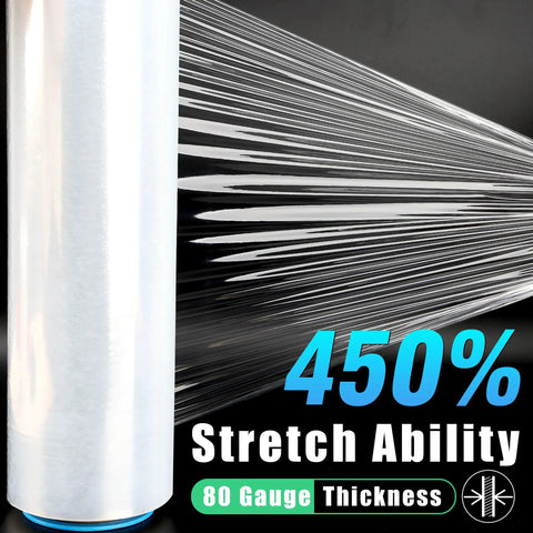 Rock Solid Heavy Duty Stretch Wrap Roll 15 X 1000 Ft Clear Industrial Grade Shrink Film showcasing 450% stretch ability.