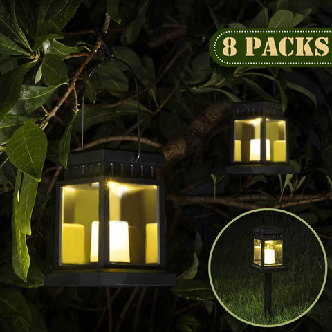 Eight Pack Solar Lantern Lights Outdoor Waterproof LED Hanging Lanterns With Candle Effect For Garden Patio Porch Yard Pathway Chill Mood Lighting Warm White Ambience Weather Resistant Stakes Included No Wiring Needed Easy Outdoor Decor