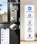 No Sweat App Paired Fingerprint Smart Front Lock With Heavy Duty Knob Set And Slick Satin Nickel Finish with app control features.