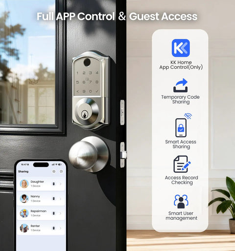 No Sweat App Paired Fingerprint Smart Front Lock With Heavy Duty Knob Set And Slick Satin Nickel Finish with app control features.