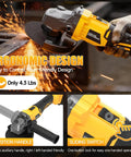 Hardcore Cordless Angle Grinder 4 Inch Smooth Operator Compatible With Dewalt 20V Max Batteries For Steel Fabrication And Home Renovation Jobs No Fuss Tool Only, ergonomic design, 4.3 lbs, sparks while cutting.