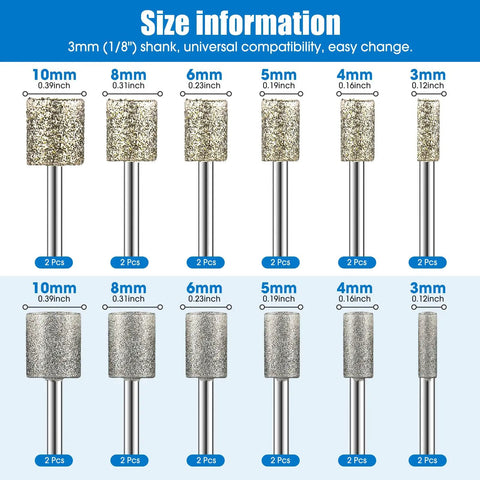 24-Piece Diamond Grinding Bit Set For Rotary Tools With One Eighth Inch Shank, includes size chart of 10mm to 3mm bits