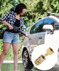 Gosknor 4-pc M22-15mm to 1/4in pressure washer adapters with quick-disconnect brass fittings; person washing car.